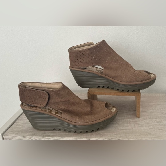 Fly London Shoes - Fly London Leather Peep Toe Wedges Taupe Brown Size 40 US 9 - 9.5